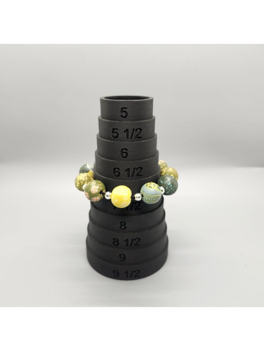 Handmade Floral Bead Stretch Bracelet With Green & Yellow Tones 7"